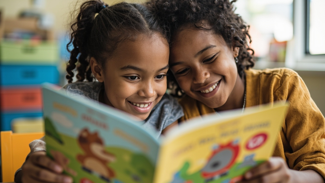 Teacher and student reading together in classroom